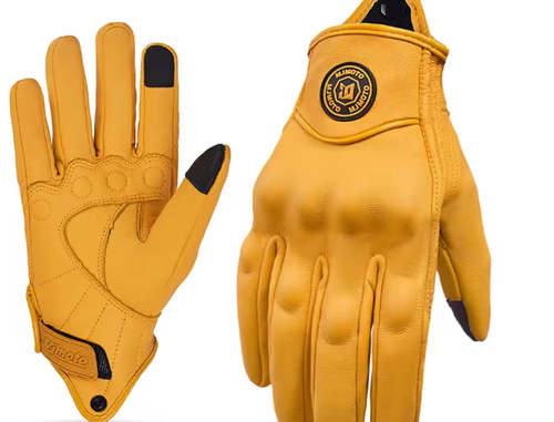 Retro Yellow Leather Motorcycle Gloves Men Women Breathable Motorbike ...