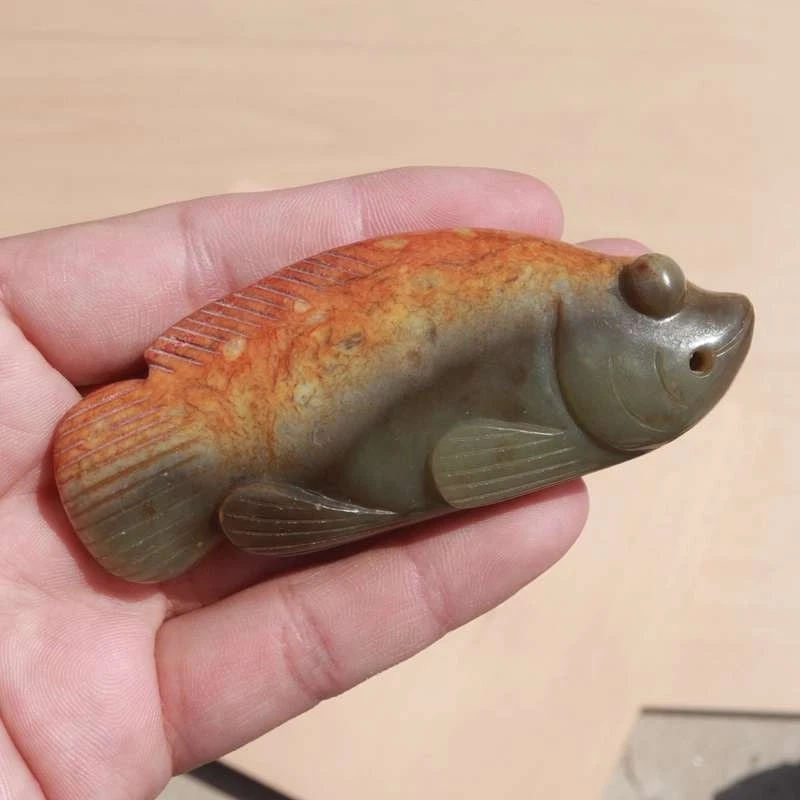 $500 SUPERB Chinese ANTIQUES Carved SUPER LARGE RED YELLOWJADE SALMON FISH 125g - Image 2 of 4