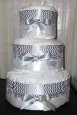 3 Tier Silver  White Diaper Cake Centerpiece Gift Custom Orders Welcomed