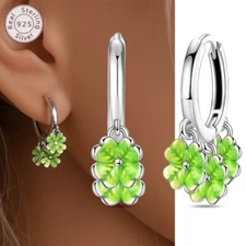 KUNSIR 925 Silver Lucky Clover Hoop Huggie Earrings For Women Dangle Earrings