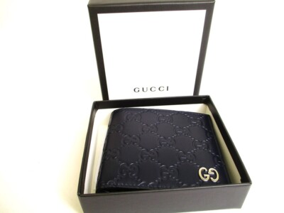 Auth GUCCI GG Metal Guccissima Navy Blue Signature Leather Bifold