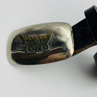 VINTAGE JUSTIN TOP GRAIN COWHIDE EMBOSSED BLACK BELT WITH WAGON