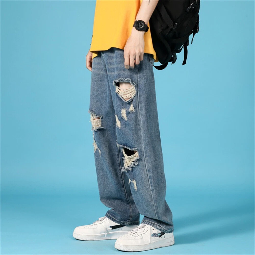 Men Cargo Combat Denim Pants Loose Jeans Trousers Side Pocket