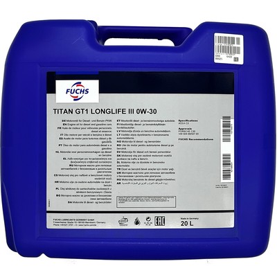20L Motoröl | Fuchs Titan GT1 Longlife III 0W-30 | PKW-Motoröl (7,17 EUR/l)