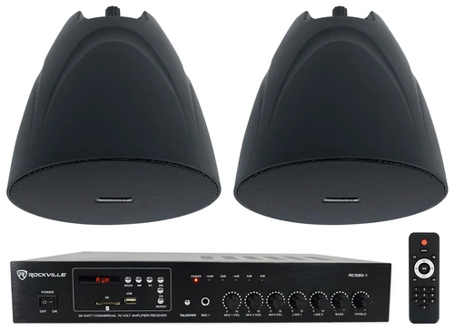 Rockville RCS80-1 Commercial Amp+2 Black 5.25" Pendant Speakers For Bar/Cafe