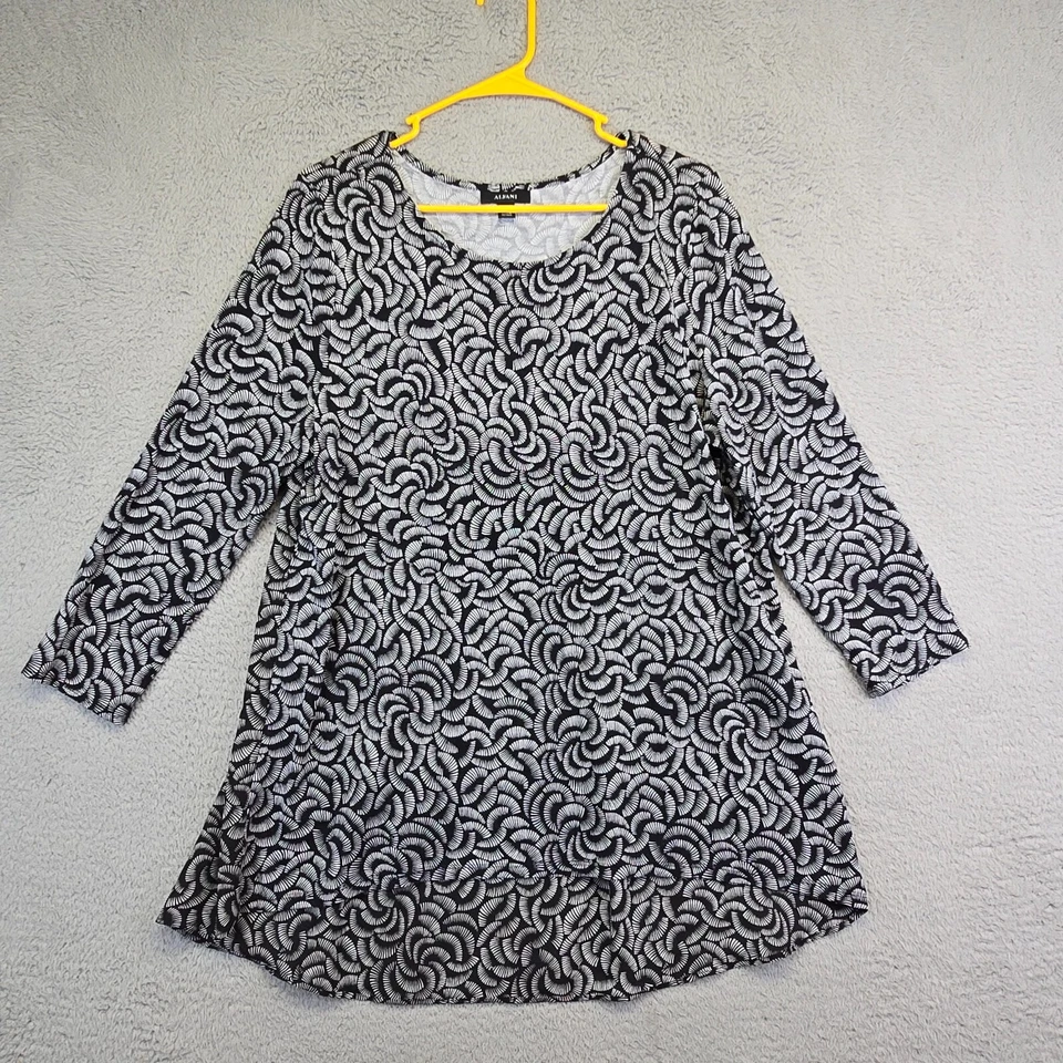 Alfani Tunic Top Women L Black  Abstract Print Peplum Asymmetric Hem Chic Hippie - Image 2 of 4