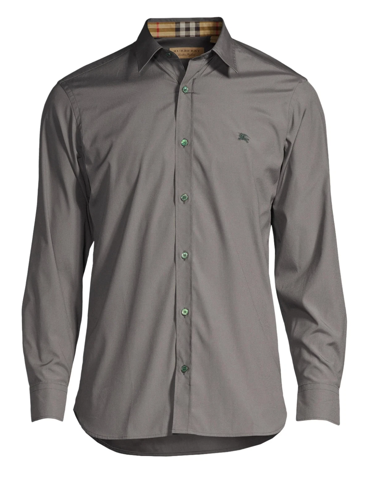 Burberry — $830 Authenti BNWT BURBERRY Check Trim Button Up Cotton Shirt Mens XS Stone Grey