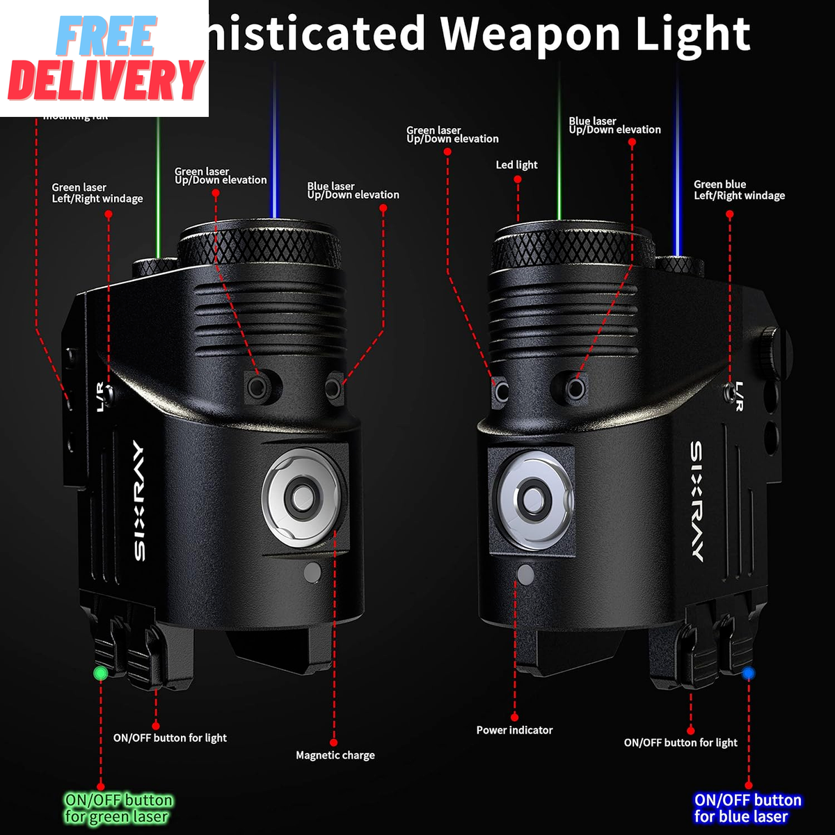 Blue Green Laser Light Combo For Pistols - 500 Lumens With Adjustable Rail Mount