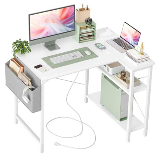 Compact 40-inch White L-Shaped Desk with Built-In Power Outlets-image