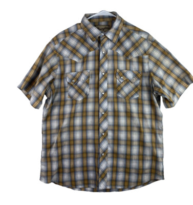 Vintage Wrangler Large Pearl Snap Western Yellow & Blue S/S Button Down Shirt