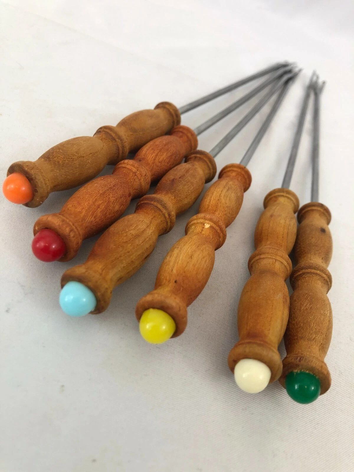 Vintage Set of 6 Stainless Steel Fondue Forks Skewers Yellow Wood Base 9" Long