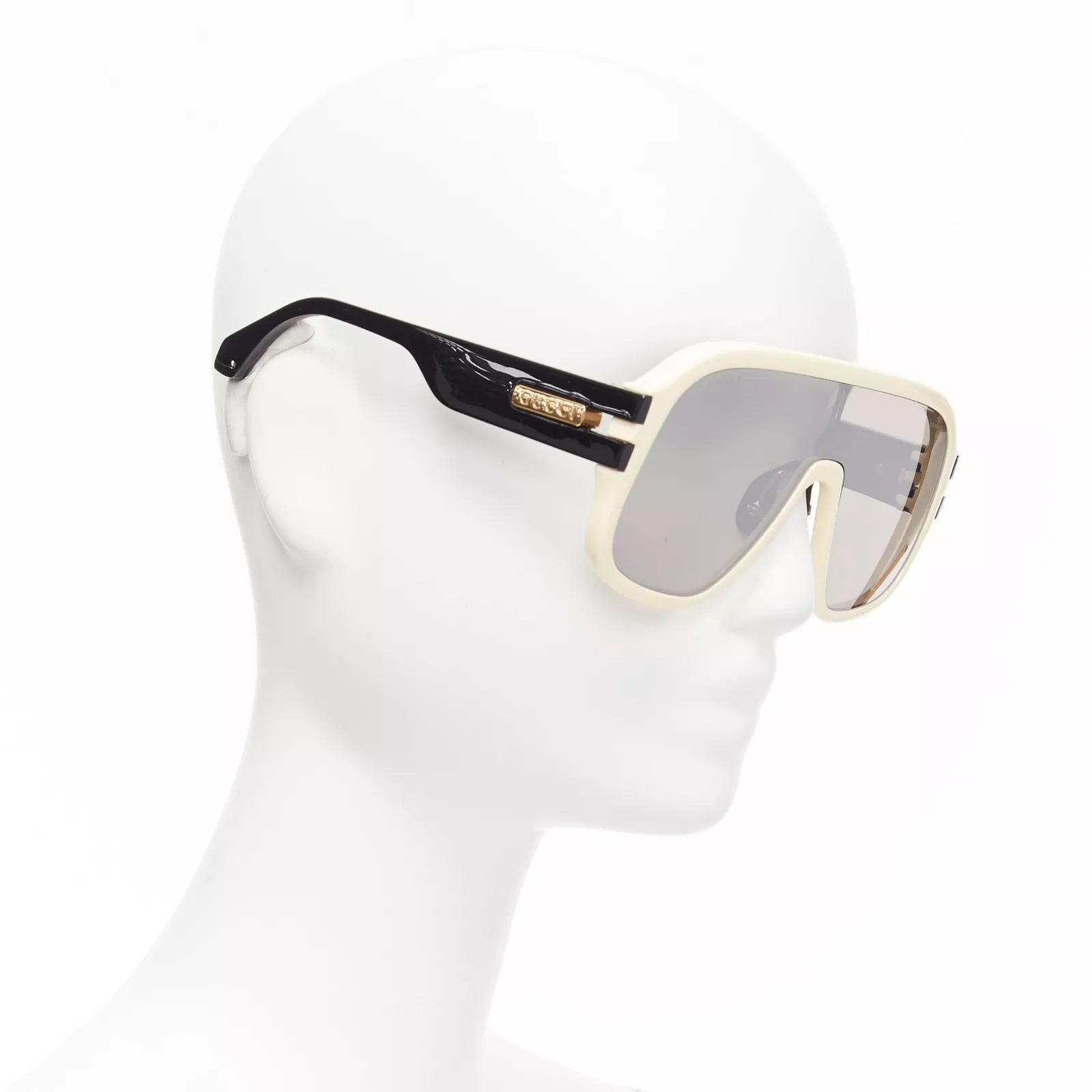 Lunettes de soleil GUCCI GG0900S or noir logo monture crème verres noirs bouclier surdimensionné