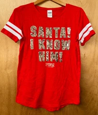 Victoria Secret Pink Womens Small Red Santa I Know Him T-Shirt