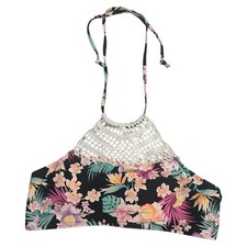 Hobie Big Girls' High Neck Crochet Black Floral Halter Bikini Top Size 16 NWOT