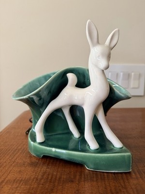 Vintage White Deer TV Lamp Planter Ceramic Green Drip Mid Century  USA Made