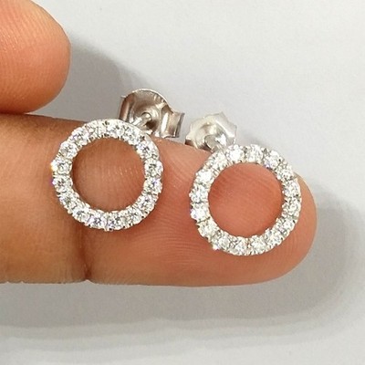 Womens Day Round Natural Diamond Open Circle Stud Earrings 14K Solid White Gold