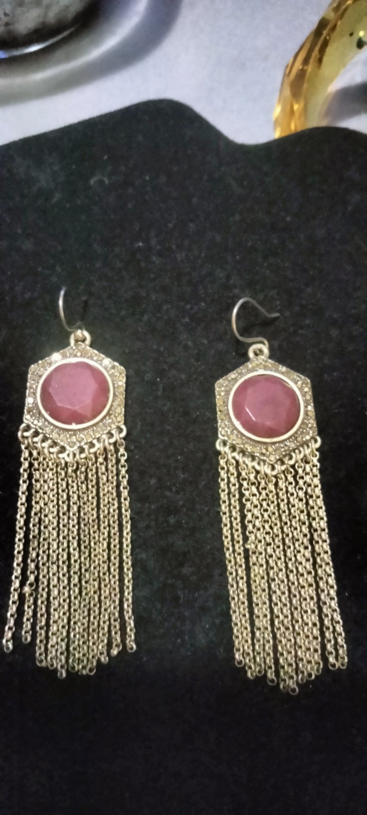Genuine Ruby Gold Tone Chain Dangle Hook Earrings. - image 1