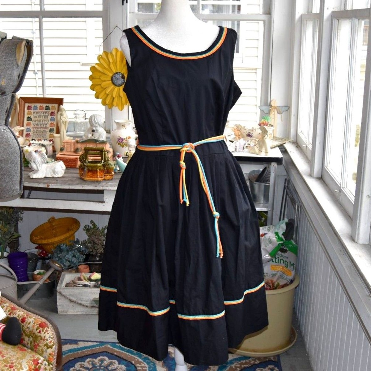 Vintage 60s Murray Meisner Black Cotton Dress Rainbow Trim Fit Flare Belt M-L Vintage 60s Murray Meisner Black Cotton Dress Rainbow Trim Fit Flare Belt M-L