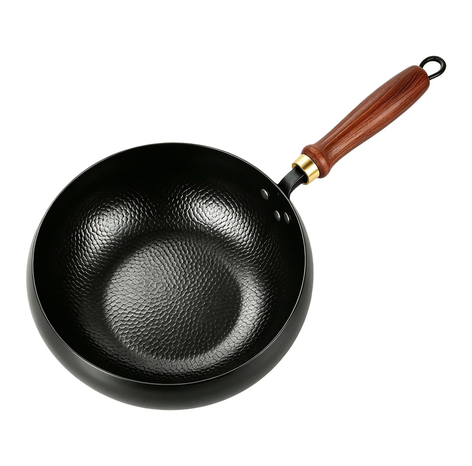 Handgeschmiedeter, gehämmerter Wok, tiefer runder Bodenwok, Mehrzweck-Rührbratpf - Bild 3 von 4