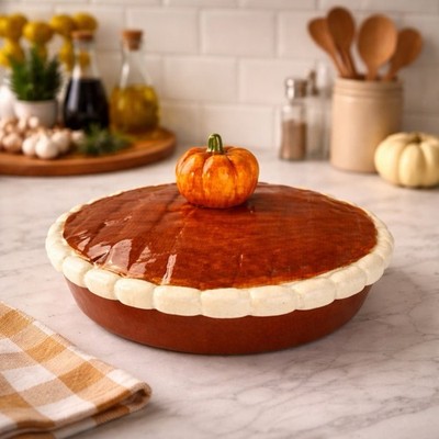 New Pumpkin Pie Baking Dish W/ Lid Ceramic Fall Thanksgiving Harvest Falls 10''