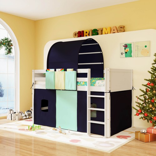 Twin Loft Bed w/ Tower & Tent 3 Storage Pockets Safety Guardrail and Ladder - Picture 5 of 8