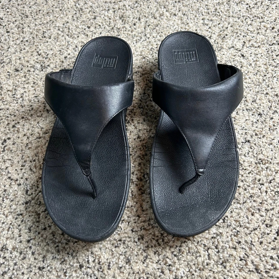 FitFlop Lulu Leather Flip Flop Size 10 Black Toe Post Thong Sandals - Image 3 of 4