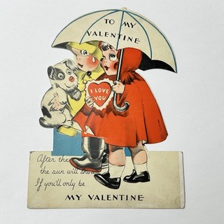 Vintage 40’s Valentine Kitsch Umbrella Dog Kids Die Cut Mechanical Moving