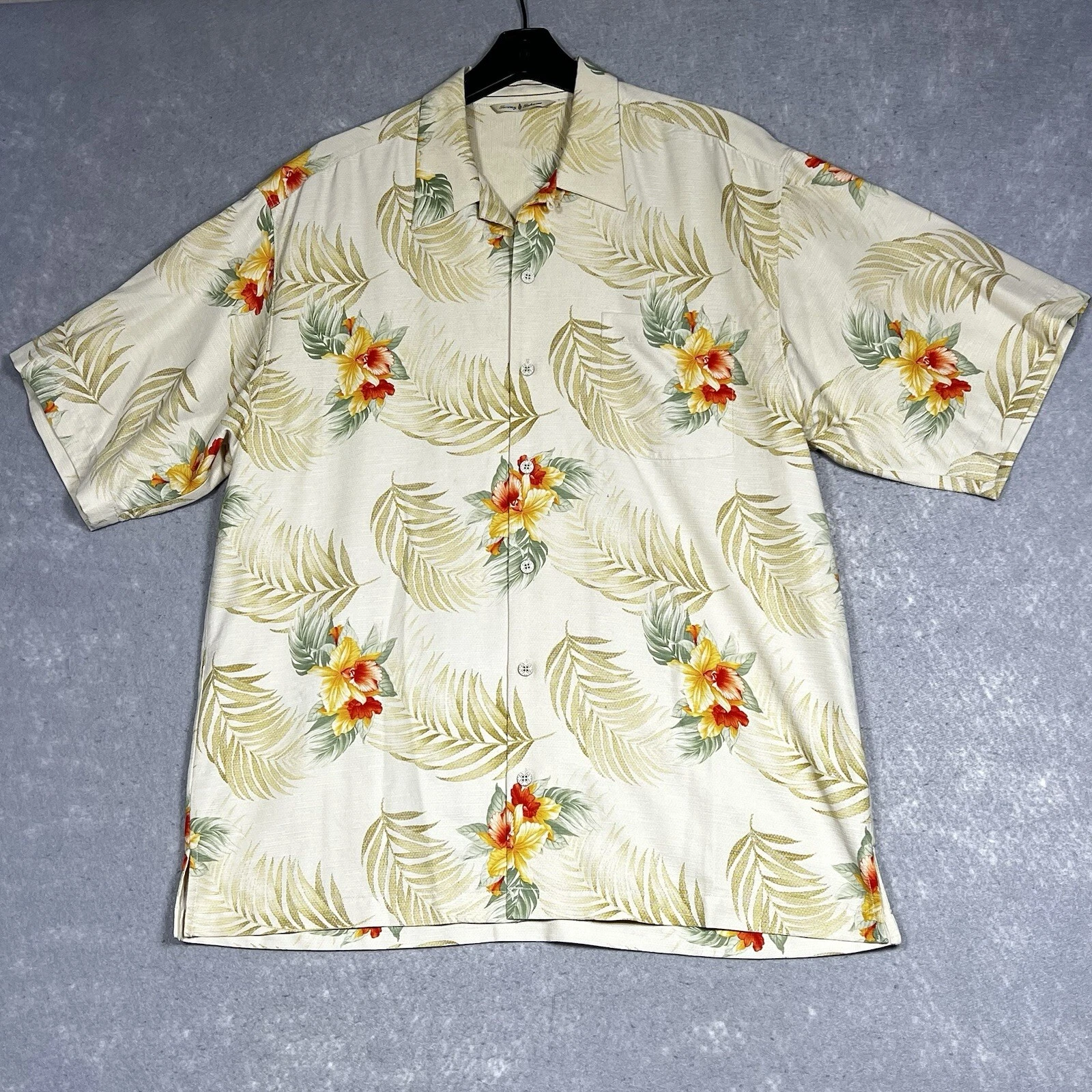 Vintage Tommy Bahama Shirt Mens Large Beige Floral Hibiscus 100% Silk Hawaiian