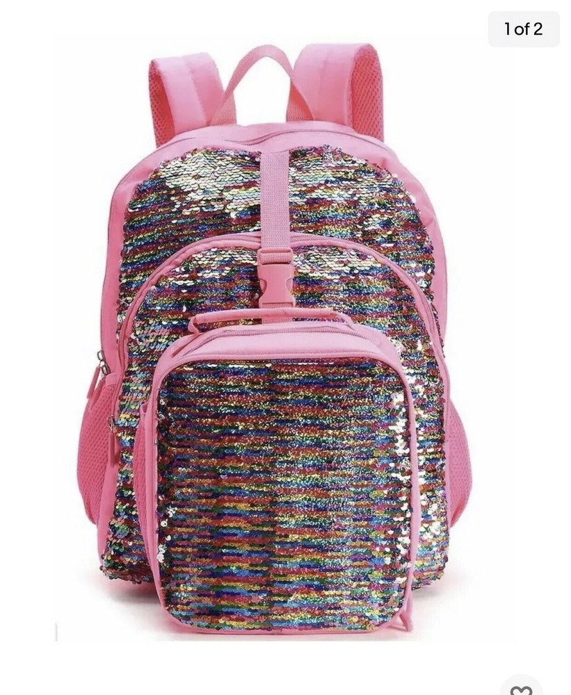 Backpack Rainbow Sequin Flippable Reversible Pink Backpack Lunch Bag Set AUG