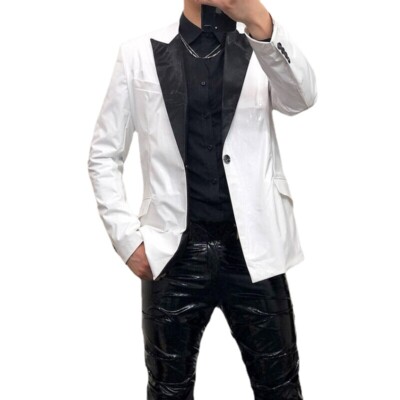 Men Faux Leather Blazer Jacket Stage Coat Tops Lapel Clubwear