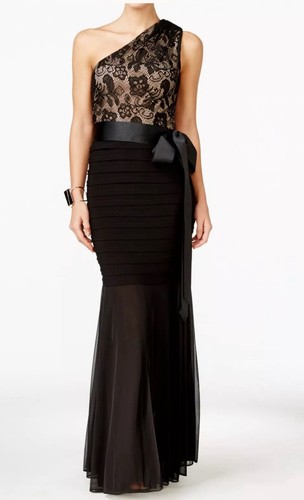 BETSY & ADAM Black Lace Shutter Pleated Mesh Hem One Shoulder Gown Size 10P - Picture 12 of 14