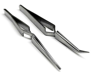 Cross Lock Tweezer Set 100mm Short Self Closing Holding Bent Straight Tweezers