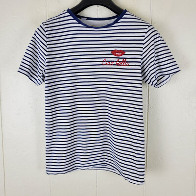 Eataly Shirt Women Small White Blue Stripe Graphic Short Sleeve Stretch Pullover