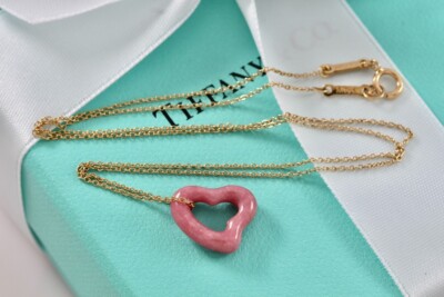 Tiffany & Co. Elsa Peretti Pink Rhodonite Open Heart 18K Gold 16