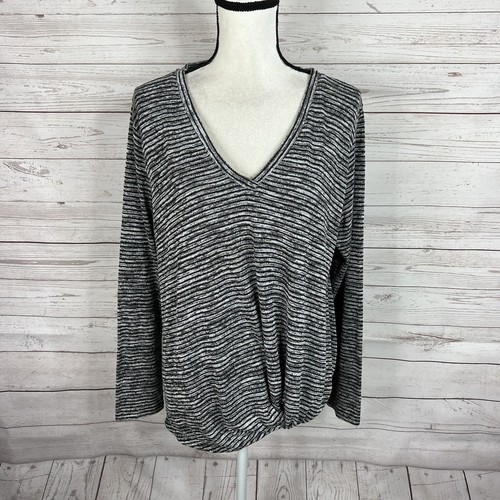 Sunday in Brooklyn V-Neck Pullover Twist Hem Strick Top Gr. XL schwarz grau gestreift