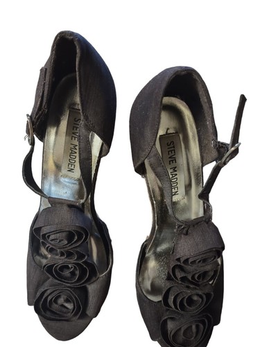 Vintage Y2K Steve Madden Cork Wedge Heals Buckle Shoes Sandles Brown Fabric sz 7 - Picture 4 of 8