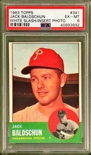 1963 TOPPS PSA 6 JACK BALDSCHUN #341 WHITE SLASH/INSERT PHOTO  PHILLIES