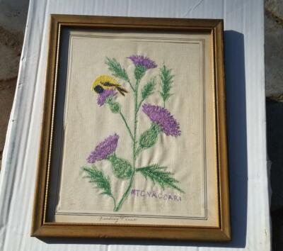 Scottish Thistle Goldfinch Feeding Time Needlepoint Embroidery Handmade Framed 