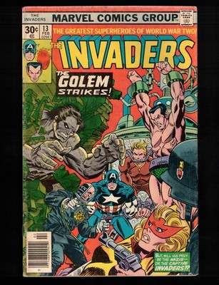 Invaders #13  Cap! Sub-Mariner!  Torch!  Golem!  Fine-  1977 Marvel Comic