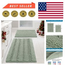 Elegant Sage Striped Bath Rugs Set - Soft Chenille Non-Skid Mats 32x20  24x17