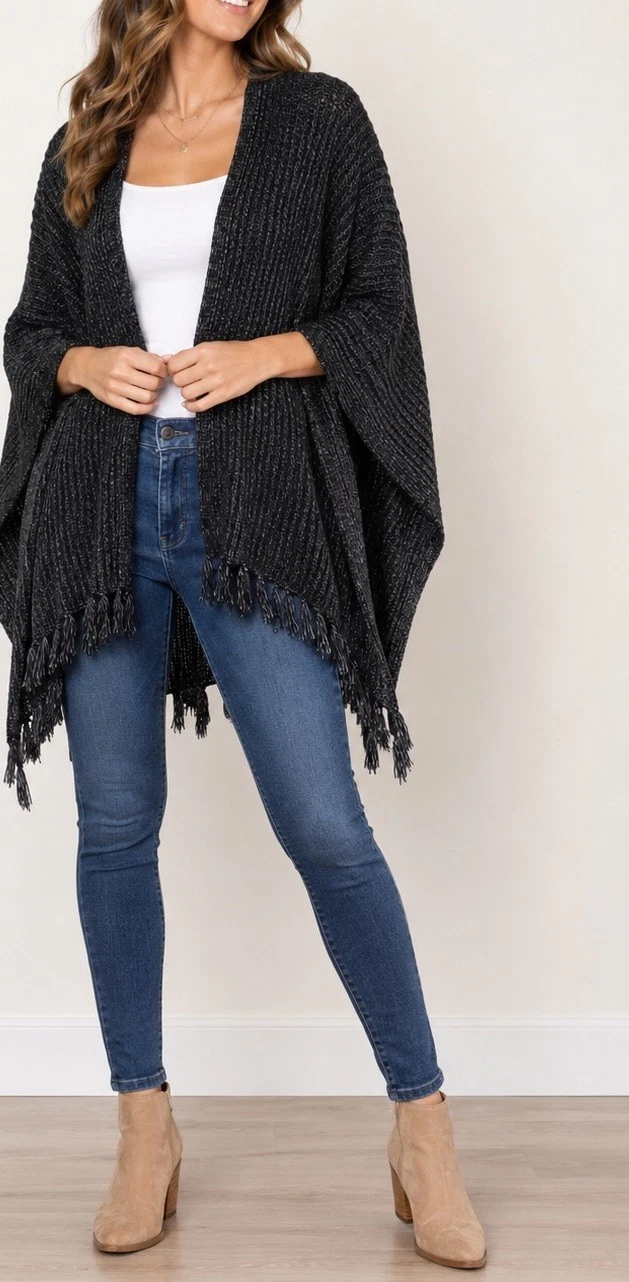 American Eagle Black Knit Fringe Poncho Cardigan Shawl Wrap One Size