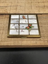 Vintage USA Brass Mother of Pearl Butterfly Makeup Compact Mirror