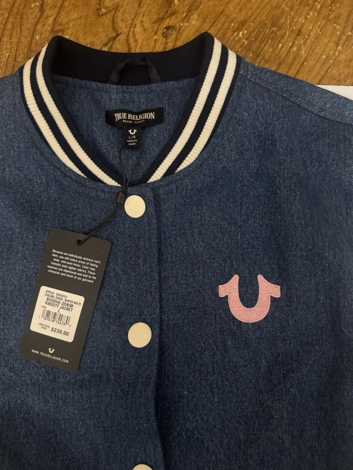 Chaqueta Universitaria True Religion Buddha Denim Azul/Blanco Talla L Nueva con Etiquetas Mujer Foto 2 de 4