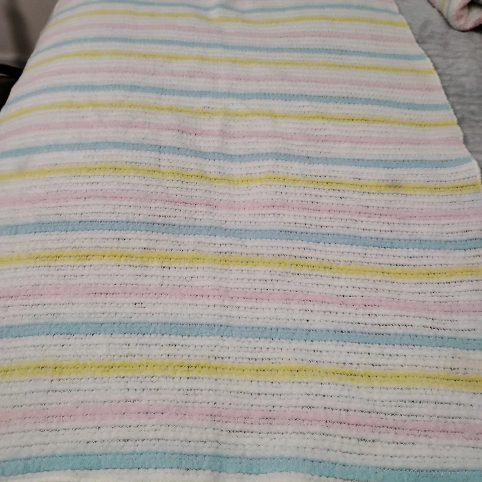 Vintage Cannon Mills Woven Acrylic Baby Blanket Pastel Stripes Thermal Set Of 2 - Image 3 of 4
