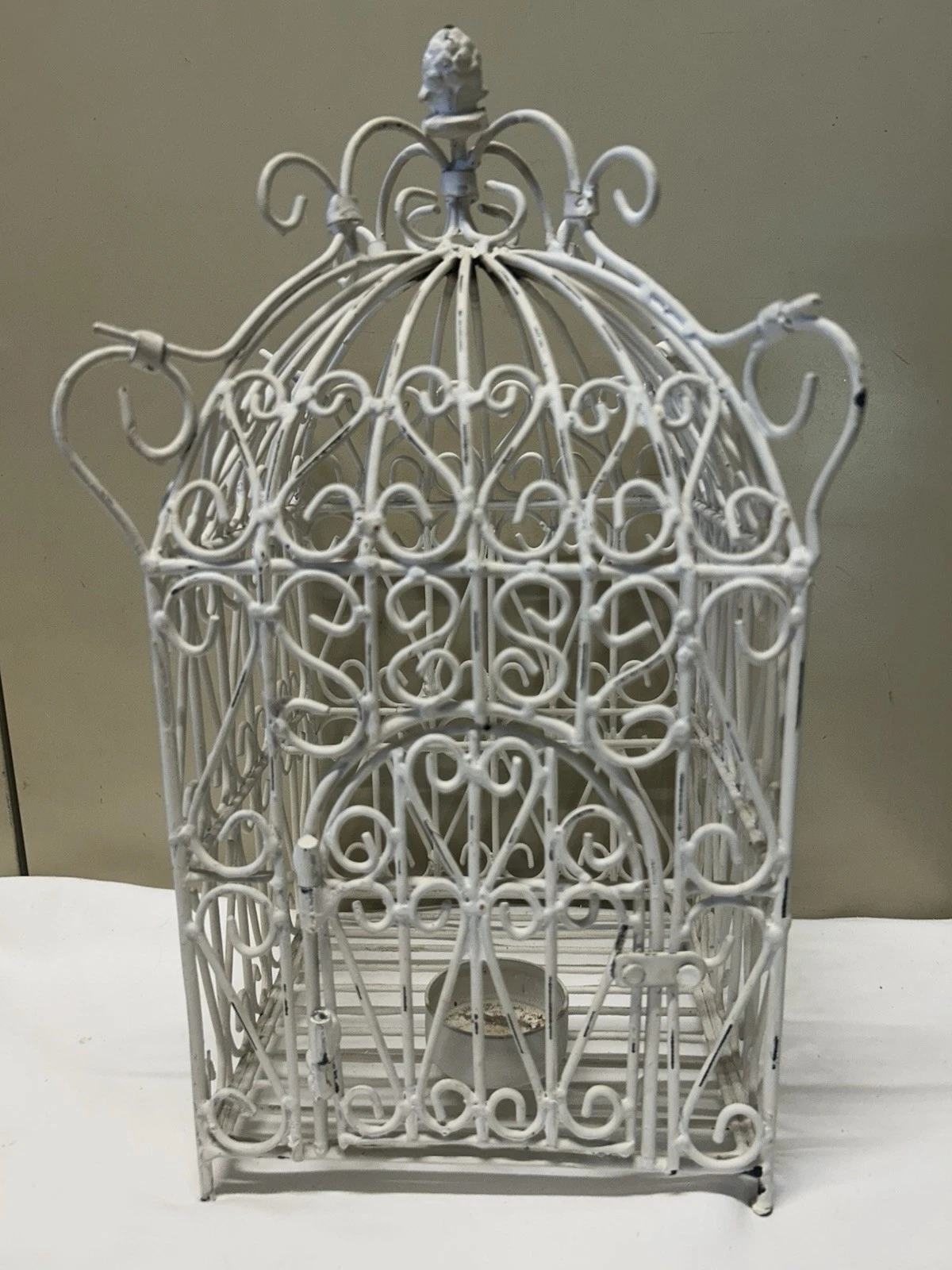 Distressed White Wrought Iron French Country Farmhouse Hanging Bird Cage/Lantern