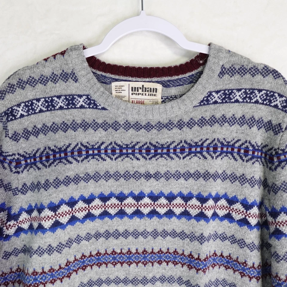 Suéter Pullover Urban Pipeline Para Hombres XL Gris Azul Fair Isle Mezcla de Lana Cuello Redondo Foto 2 de 4