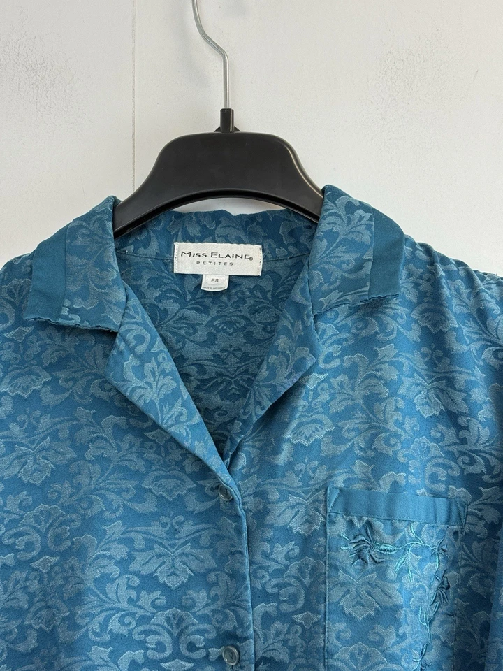 Miss Elaine Teal Long Sleeve Button Up Top & Pants Pajamas Women’s Petite PS - Image 4 of 4