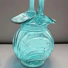 FENTON Basket Vase In AQUA BLUE Glass In CAPRICE SWIRL Design 1980s VINTAGE