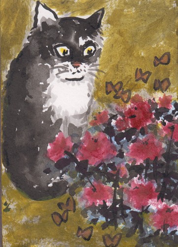 LinLi888 Art ACEO Original Watercolor Painting Cat Flower Butterflies 26070204