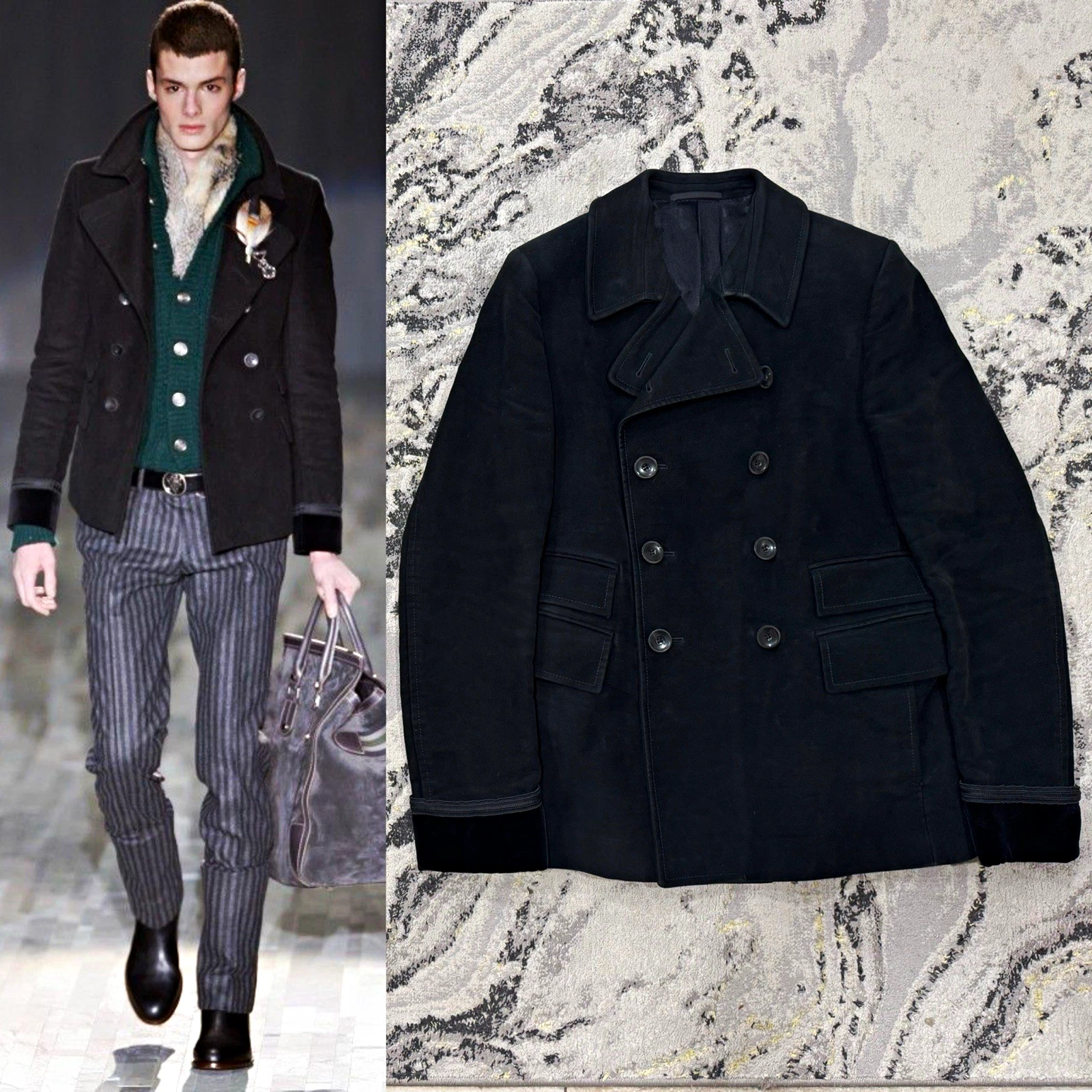 Gucci by Frida Giannini AW07 Velvet Trim Moleskin Peacoat 46R Made in Italy - product detail image 1